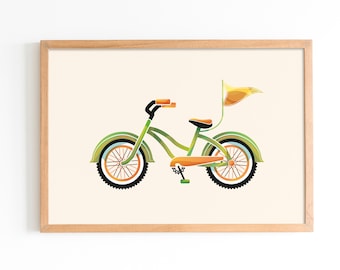 Op de afbeelding: Een groene en oranje fiets met een gele vlag aan het stuur. De fiets heeft een zwart zadel en zwarte banden.