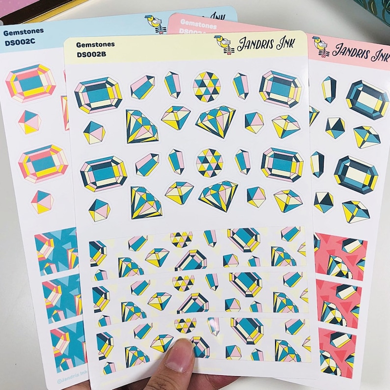 3 Sheets Gemstones Sicker Sheet Set Planner Gems Sticker Set Geometric Jewels DS002