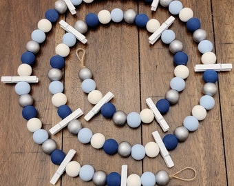 Navy, Light Blue, Silver, & White Wood Bead Garland w/ Clips