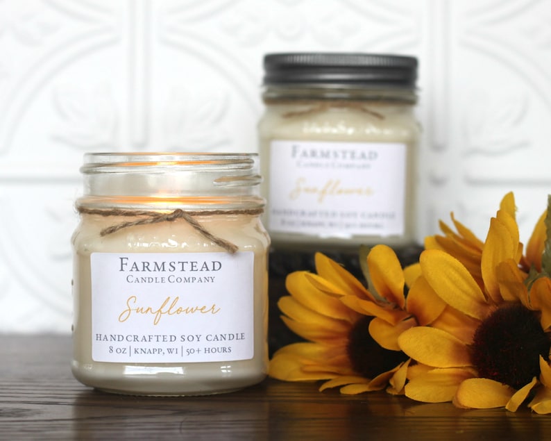 Farmstead Candle Perfect Gift Handpoured Vintage 8 oz Soy Mason Jar Soy Candle Farmhouse Decor Sunflower Farmhouse Candle
