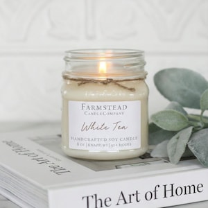White Tea Soy Candle | Hand Poured 8 oz Mason Jar | Spa Candle | Farmhouse Decor | Scented Natural Soy Wax | Clean Burning | Minimalist