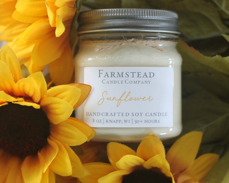 Farmstead Candle Perfect Gift Handpoured Vintage 8 oz Soy Mason Jar Soy Candle Farmhouse Decor Sunflower Farmhouse Candle