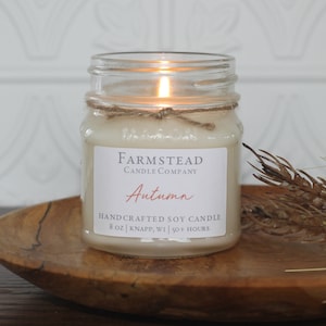 Autumn, Fall, 8 oz Soy Mason Jar Candle, Hand Poured, Farmhouse Decor, Fall Decor, Thanksgiving Decor