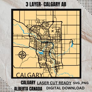 Calgary, Alberta, meerlaagse kaart, laserkaart, SVG-bestand, gelaagde vector, lasergesneden bestand, huwelijkscadeau