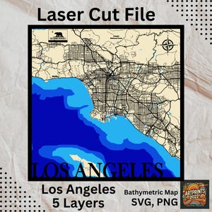 Digitaal bestand-SVG-PNG - Los Angeles meerlagenkaart, bathymetrische dieptelagen SVG-bestand, gelaagde vector, lasergesneden bestand, huwelijkscadeau