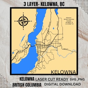 Kelowna, Brits-Columbia, lasergesneden kaart, lagen SVG-bestand, gelaagde vector, lasergesneden bestand, huwelijkscadeau