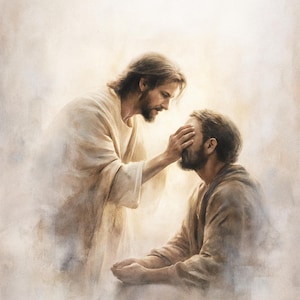 Könnte beinhalten: Ein religiöses Gemälde zeigt einen Mann in einem weißen Gewand, der die Stirn eines anderen Mannes berührt. Der zweite Mann sitzt und trägt ein braunes Gewand. Der Hintergrund ist ein weiches, diffuses Licht.