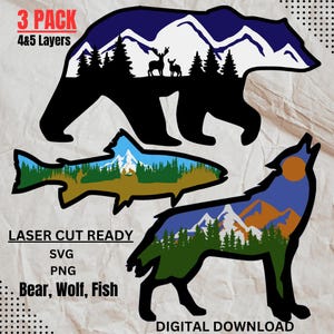 Digital File - 4 & 5 Layer Laser cut files, PNG, SVG Multi-layer files, 3 in 1 Pack Forest Animals Bundle, CNC plan