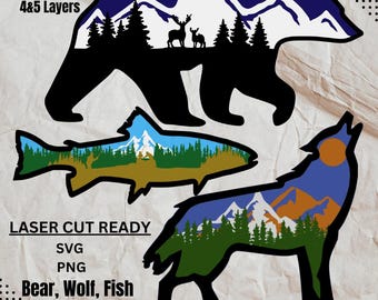 May include: A digital download pack of three layered SVG and PNG files featuring a bear, wolf, and fish silhouette with a mountain landscape inside each animal. The text "3 PACK 4&5 Layers" is at the top of the image. The text "LASER CUT READY SVG PNG Bear, Wolf, Fish" is at the bottom of the image. The text "DIGITAL DOWNLOAD" is at the bottom right of the image.