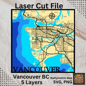 Vancouver BC Canada meerlaagse laserkaart, bathymetrische dieptelagen SVG-bestand, gelaagde vector, huwelijkscadeau, digitaal bestand
