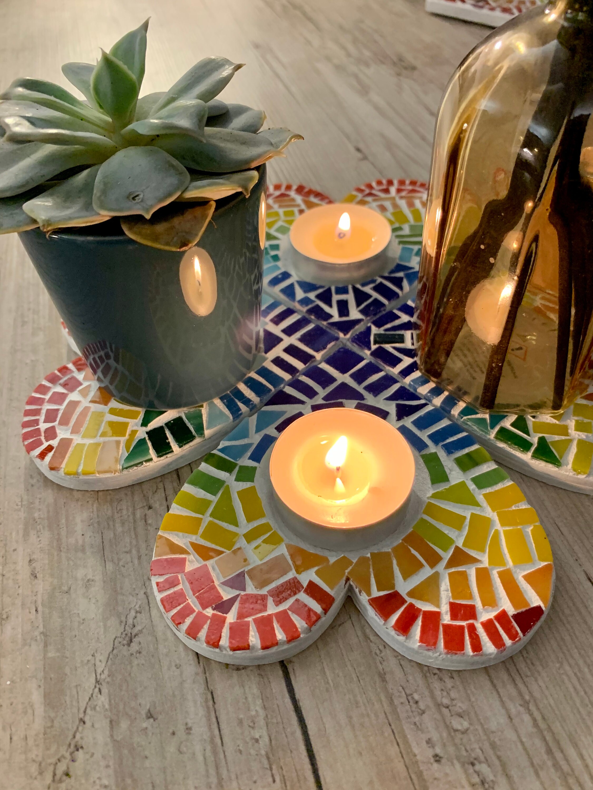 Rainbow Mosaic Tealight Candle Holder. Choose Your Shape Etsy