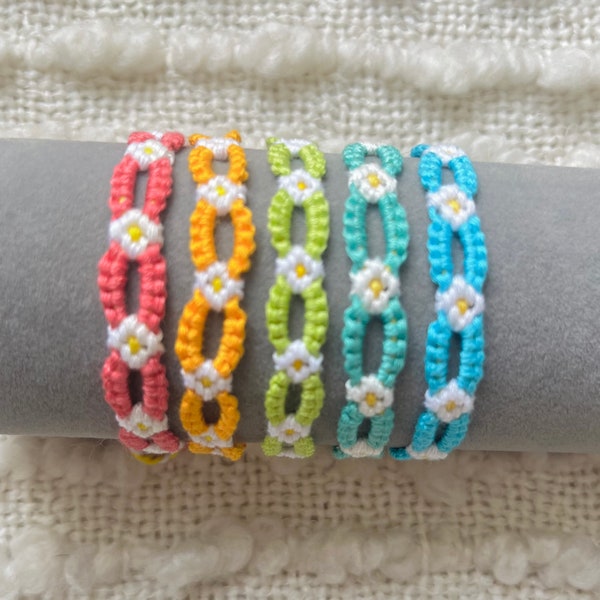 Summer Daisy Chain Bracelets, Handmade Knotted Friendship Bracelet, Rose, Tangerine, Turquoise, Lime, Aquamarine