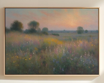 Misty Sunrise Over a Serene Wildflower Field | Large Wall Art, Pastel Panoramic Landscape Print, Nature Inspired Art for Tranquil Home Decor