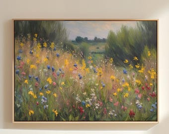Vibrant Wildflower Field with Lush Greenery | Large Wall Art | Panoramic Nature Landscape Print | Colorful Floral Art, Nature Inspired Decor