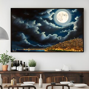 Full Moon Over Cityscape Framed Canvas Wall Art with Night Sky Clouds and Lights, Urban Landscape Print for Living Room or Office Decor