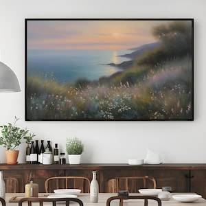 Panoramic Sunset Coastal View | Large Wall Art | Ocean Landscape with Wildflowers | Tranquil Seascape Painting | Beach Wall Decor