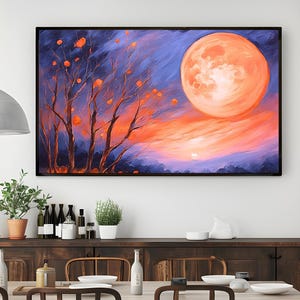 Full Moon Landscape, Purple Red Sky Painting | Large Night Sky Wall Art | Abstract Nature-Inspired Wall Decor