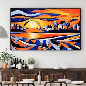 Abstract Sunset Wall Art | Modern Landscape Painting | Colorful Sun and Hills Artwork | Large Wall Art | Contemporary Art
