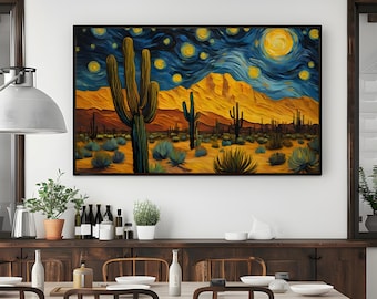 Starry Night Desert Landscape | Cactus Art Print | Large Desert Night Sky Wall Decor | Southwestern Wall Art | Cactus Painting