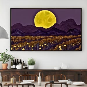 Golden Moon Landscape Wall Art, Moonlight Painting with Floating Frame Option, Panoramic Night Sky Print, Moon Wall Decor, Nature Painting