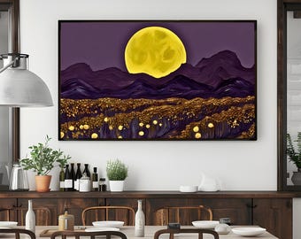 Golden Moon Landscape Wall Art, Moonlight Painting with Floating Frame Option, Panoramic Night Sky Print, Moon Wall Decor, Nature Painting