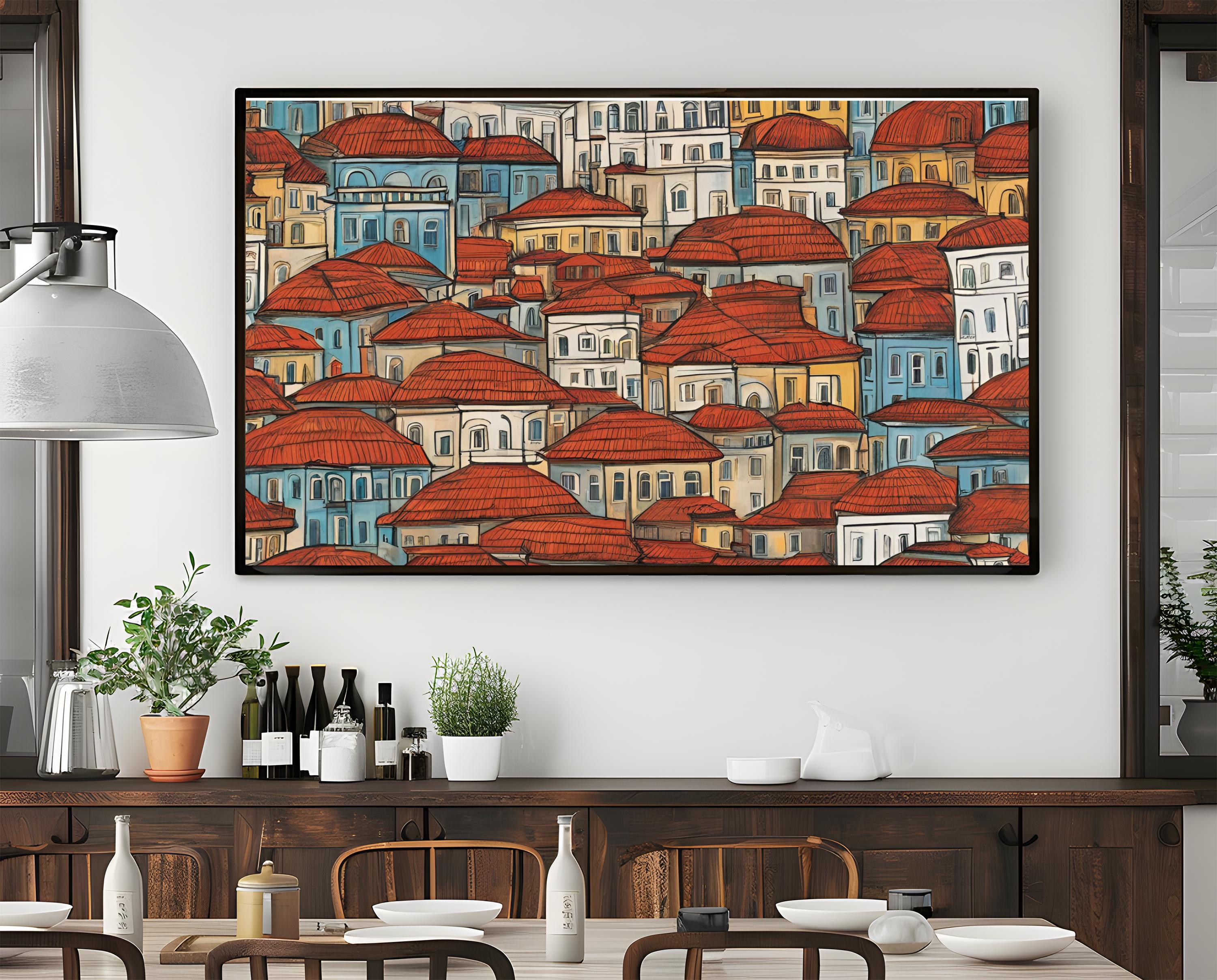 Colorful Red Rooftop Cityscape Art Print | Mediterranean Abstract Framed Canvas | Vibrant Urban Wall Decor | Cozy Architectural Art