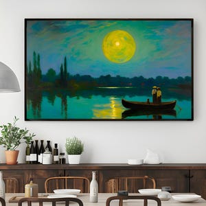 Lake Landscape Frame Art | Lake House Decor |Tranquil Moonlight Wall Art | Panoramic Nighttime Landscape Print | Large Boat Art | Peaceful