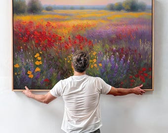 Framed Wildflower Field Canvas Art | Meadow Floral Painting | Modern Botanical Decor for Living Room & Bedroom