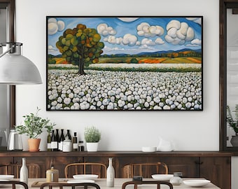 Serene Cotton Field Painting Art, Panoramic Cotton Field Print, Large Wall Painting, Calm Landscape Art, Nature Wall Decor, Modern Wall Art