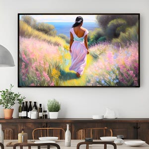 Serene Woman in Blooming Meadow | Tranquil Landscape Wall Art | Large Panoramic Print | Dreamy Nature Home Decor for Relaxing Spaces