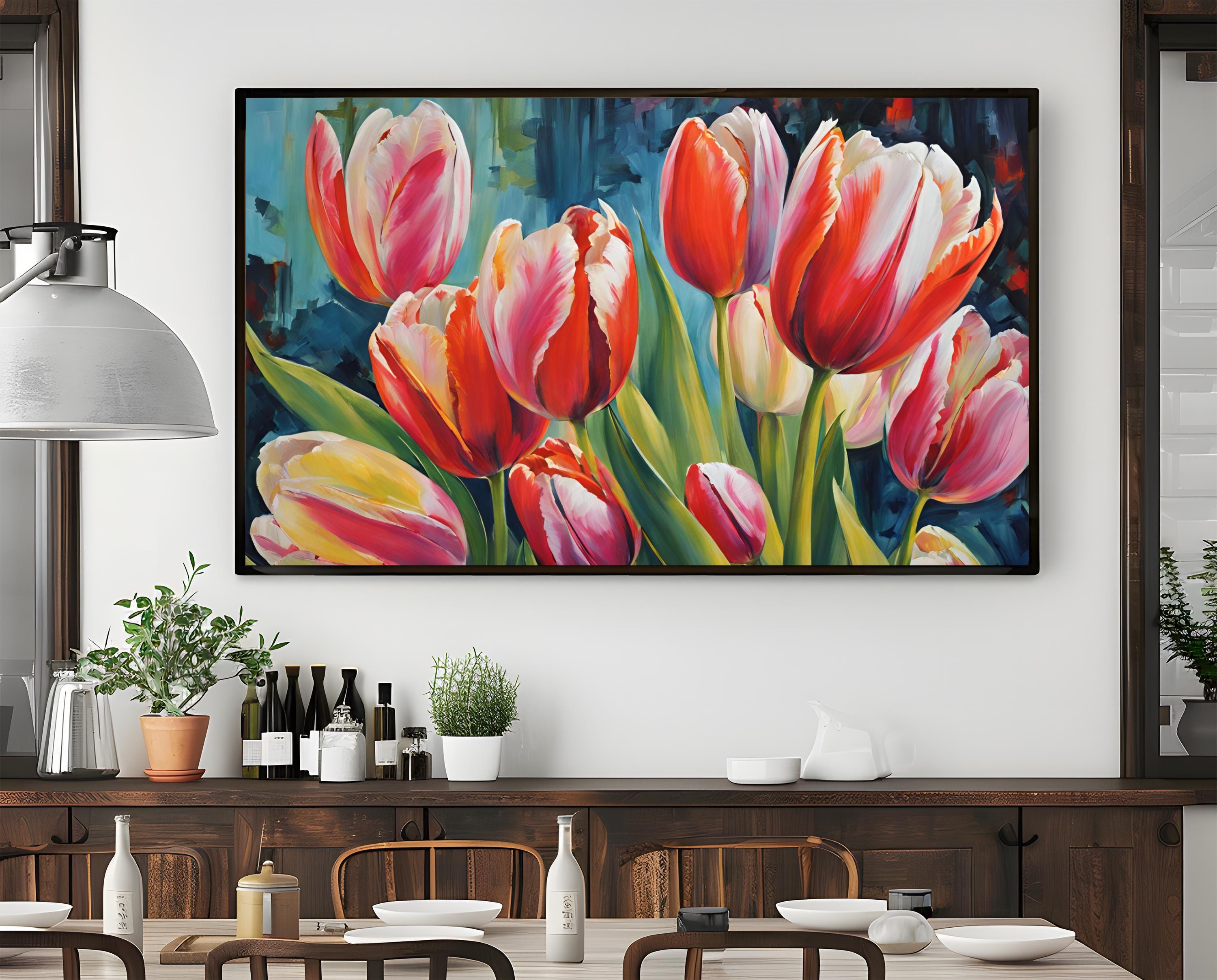 Pink Tulips Painting | Panoramic Wall Art | Horizontal Wall Decor | Minimalist Art Print | Modern Wall Art | Large Floral Wall Art