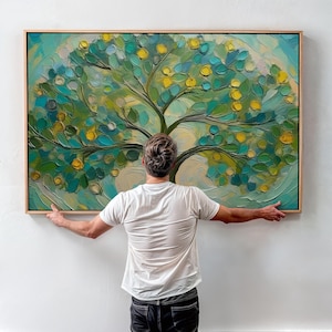 Abstract Tree Canvas Wall Art, Blue and Yellow Tree Painting, Nature Inspired Wall Decor for Living Room or Bedroom Framed Print