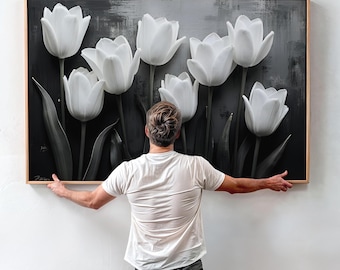 Framed Black and White Wall Art, White Tulip Wall Art, Elegant Flower Painting for Modern Living Room Decor, Large Ready to Hang Print