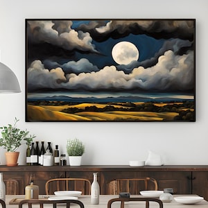 Moonlit Landscape Canvas Art | Serene Night Sky Wall Decor | Dramatic Clouds and Full Moon Poster | Nature-Inspired Home Decor