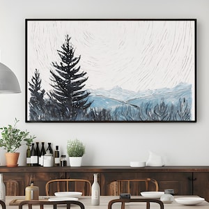 Stampa artistica da parete con paesaggio invernale minimalista, dipinto su tela con foresta di montagna innevata, arredamento moderno e naturale neutro per accoglienti case rustiche
