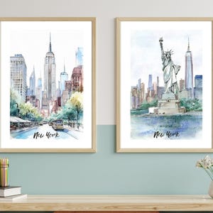 Conjunto de acuarelas de arte mural de Nueva York / Impresiones de paisajes urbanos de 2 piezas / Arte mural del Empire State y la Estatua de la Libertad / Decoración de destino vacacional