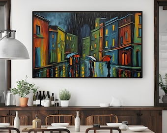 Rainy Cityscape Night Scene | Panoramic Wall Art | Horizontal Wall Decor | Minimalist Art Print | Modern Wall Art | Colorful Urban Rain Art