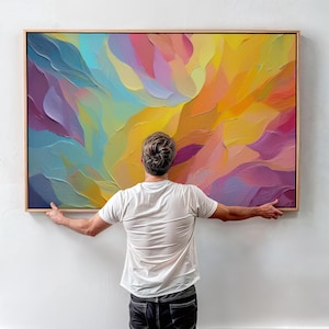 Framed Colorful Abstract Canvas Wall Art with Rainbow Texture and Pastel Waves, Modern Vibrant Painting for Living Room or Office Decor