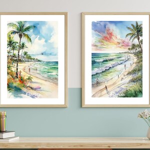 Florida Beach Watercolor Art | Tropical Coastal Wall Decor | Vibrant Seaside Landscape | Large Vacation Wall Art | Beach Lovers Gift