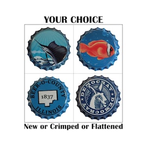 May include: Four different bottle caps with various designs. The top left cap features a blue marlin fish, the top right cap features a red and white clownfish, the bottom left cap features a blue and white design with the text "Beer-O-County 1837 Illinois", and the bottom right cap features a blue and white design with the text "Democrat".