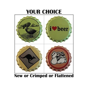 May include: Four different bottle caps with various designs. The top left cap features a black and white pelican illustration. The top right cap is green and says "i ♥ beer". The bottom left cap is yellow with a black kangaroo illustration. The bottom right cap is orange with a white bulldog illustration.