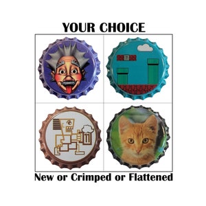 Puede incluir: Cuatro tapas de botellas diferentes con varios diseños. La tapa superior izquierda presenta una caricatura de un hombre con bigote y la lengua afuera. La tapa superior derecha presenta una escena de videojuego pixelada. La tapa inferior izquierda presenta un robot de dibujos animados sosteniendo una jarra de cerveza. La tapa inferior derecha presenta un gato atigrado naranja de dibujos animados.