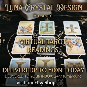 May include: A black tarot cloth with gold geometric designs featuring nine tarot cards arranged in a grid. Text reads: LUNA CRYSTAL DESIGN Presents: GAIN CLARITY, VIRTUAL TAROT READINGS, FIND GUIDANCE, DELIVERED TO YOUR INBOX: 24hr turnaround, Visit our Etsy Shop.