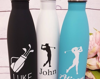 Personalised Golf Motif Hot & Cold Water Flask Bottles 500ml Double Walled Sport Drink Friend Wedding Club Present Birthday Work Outdoor Gym