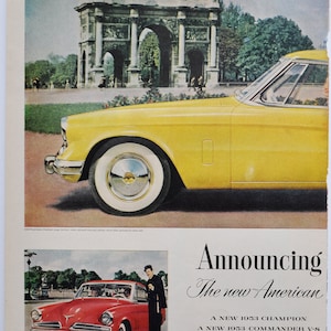 Anúncio de carro de 2 páginas 1953 Studebaker Starliner Coupe (fotografia antiga clássica de empresa automobilística, folheto de propaganda, concessionária, concessionária de automóveis americanos)