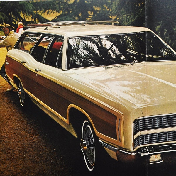 2-Page Car Ad 1969 Ford Country Squire Station Wagon (motor company classic old photo print advertisement poster brochure dealer dealership)