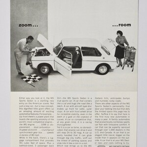 Anúncio de carro 1963 MG M.G. Sports Sedan (foto, automóvel de luxo clássico antigo, anúncio, concessionária de veículos retrô, britânico)