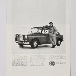Anúncio de carro 1965 MG M.G. Sports Sedan (foto de automóvel de luxo clássico antigo anúncio revendedor revendedor revendedor retrô britânico)