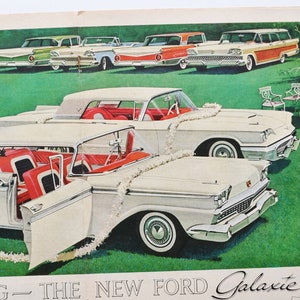 2-seitige Auto-Werbung 1959 Ford Thunderbird / Galaxie Club Victoria (Werkstatt Oldtimer-Fotodruck Werbebroschüre Autohaus Klassiker alter Fotodruck)