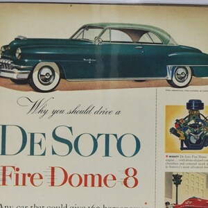 Grote autoadvertentie jaren 50 DeSoto (autobedrijf klassieke oude fotoadvertentie gedrukte brochure retro dealer dealer classic de soto auto vs us)